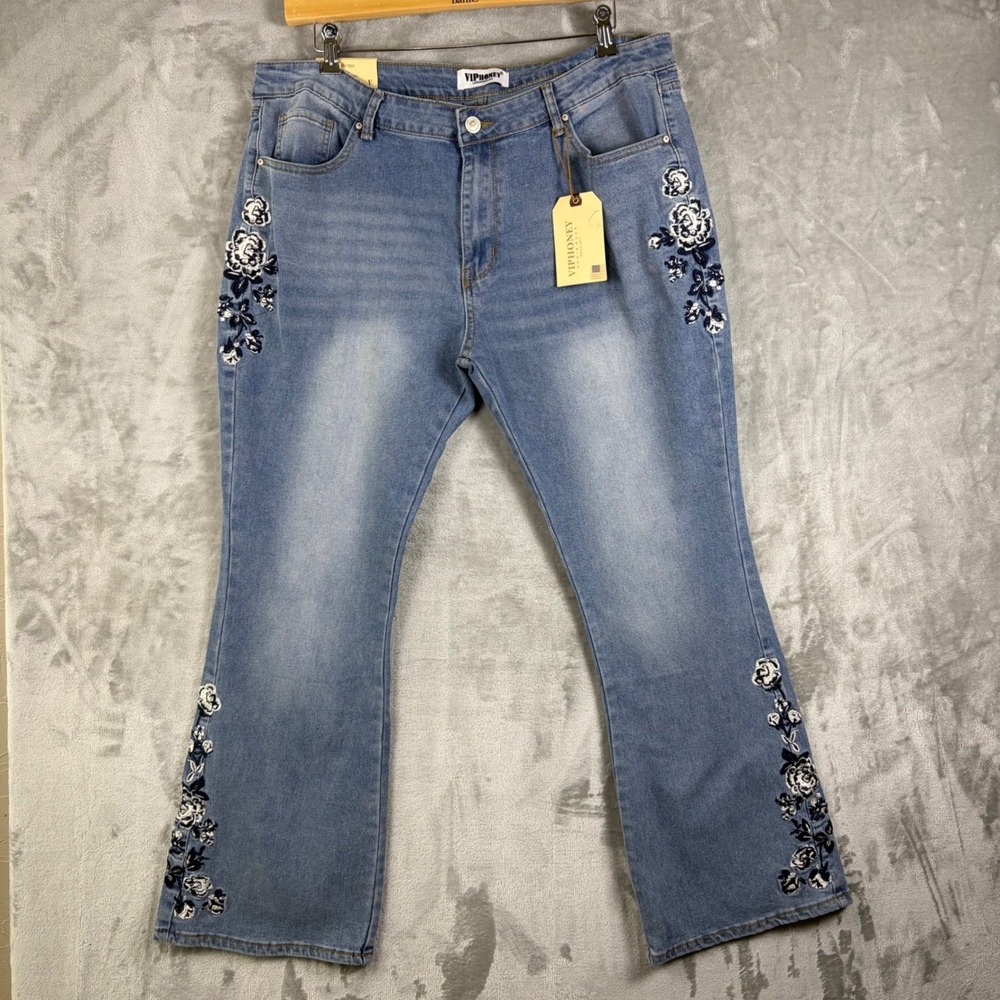 VIP HONEY Womens Jeans Floral Embroidered Flare Denim 3XL Boho Cottace Feninine
